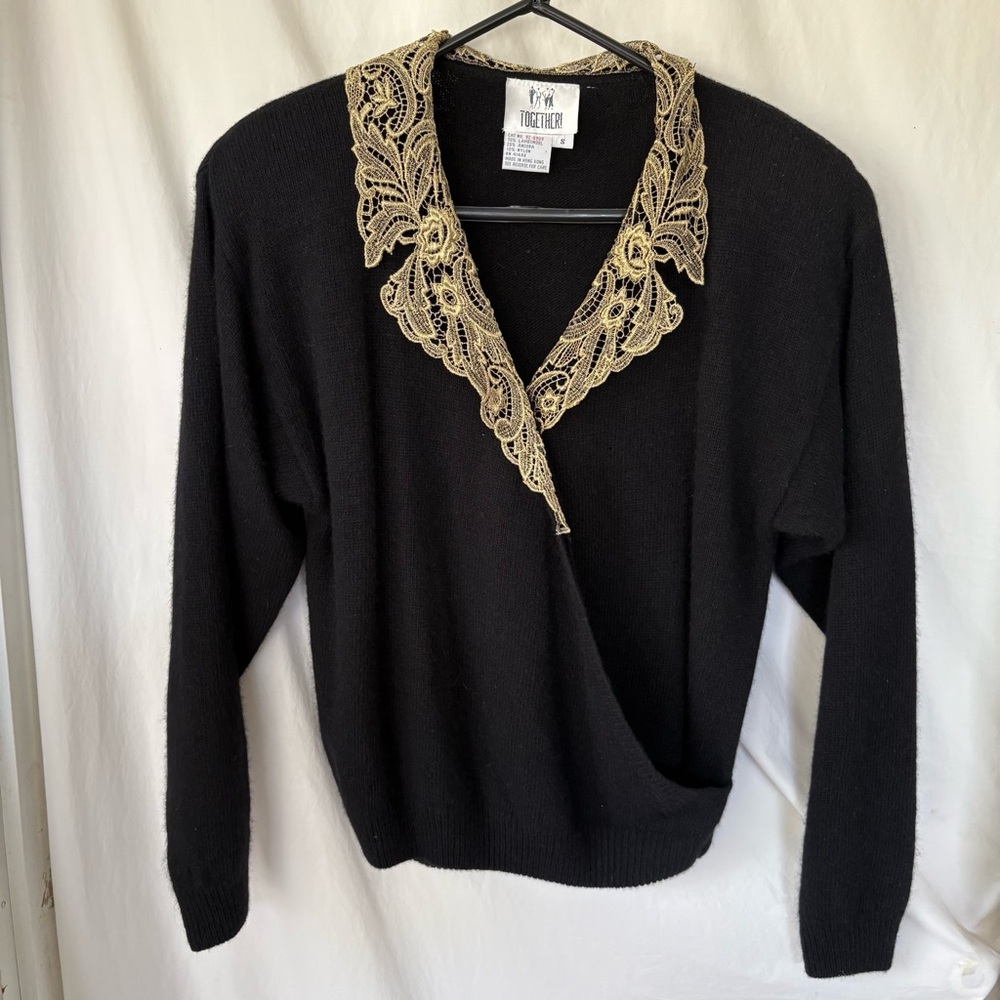 Vintage 80’s Lambswool Angora Sweater black w/ gold lace collar sz.S super soft